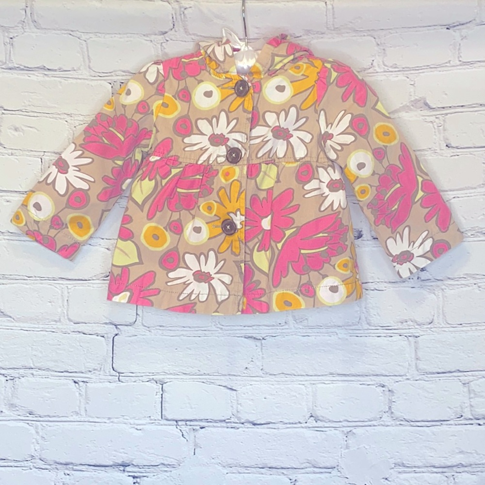 Genuine Kids By OshKosh Tan Pink Flower Lightweight Hooded Jacket Size 18 Months